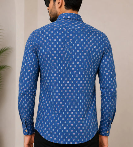 Men's Royal Blue Micro Motif Printed Casual Shirt with Full Sleeves