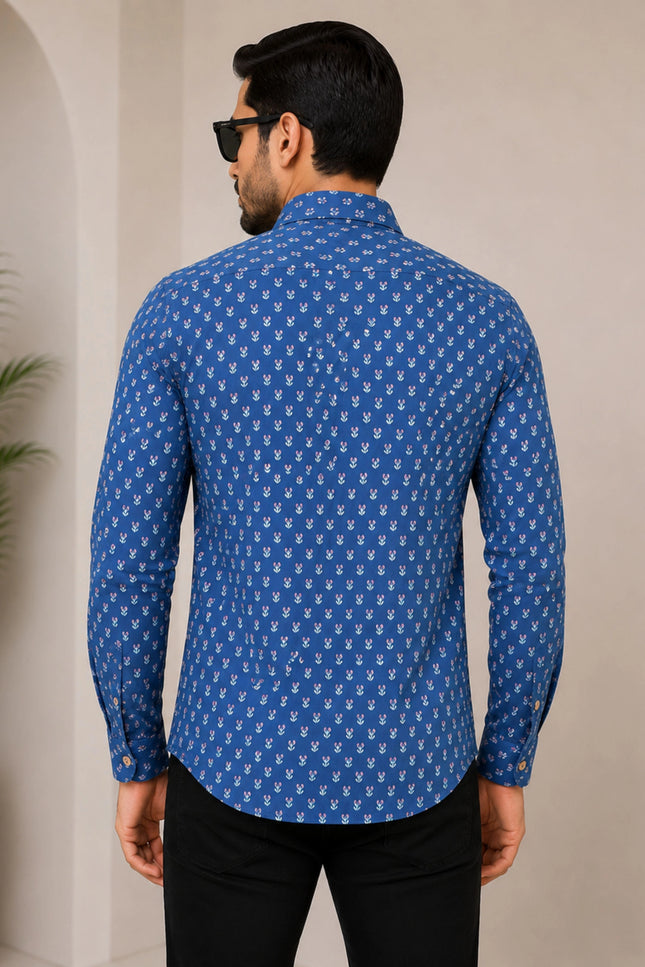 Men's Royal Blue Micro Motif Printed Casual Shirt with Full Sleeves