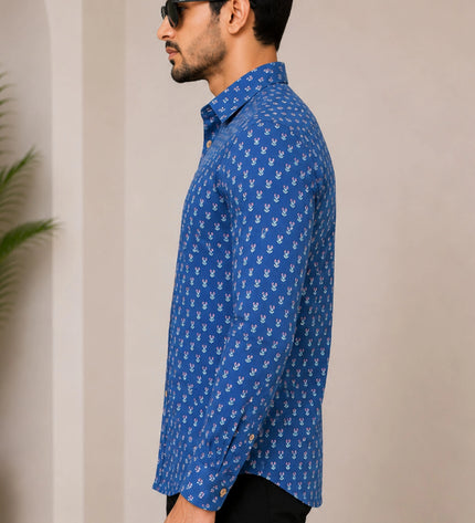 Men's Royal Blue Micro Motif Printed Casual Shirt with Full Sleeves
