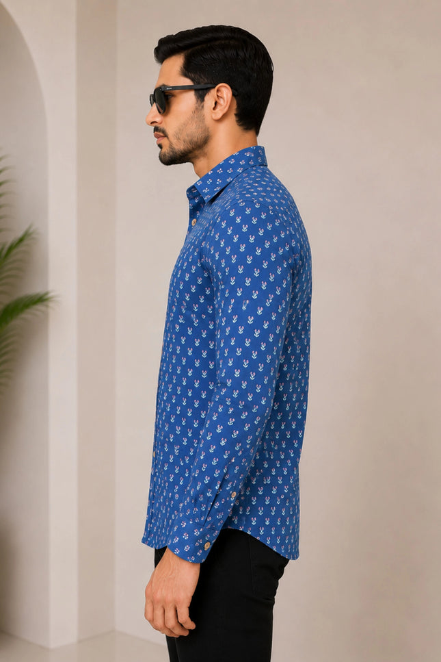Men's Royal Blue Micro Motif Printed Casual Shirt with Full Sleeves