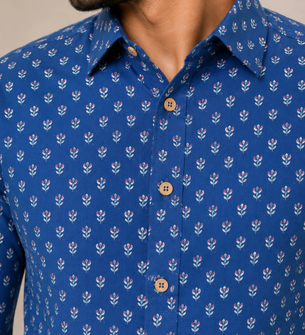 Men's Royal Blue Micro Motif Printed Casual Shirt with Full Sleeves