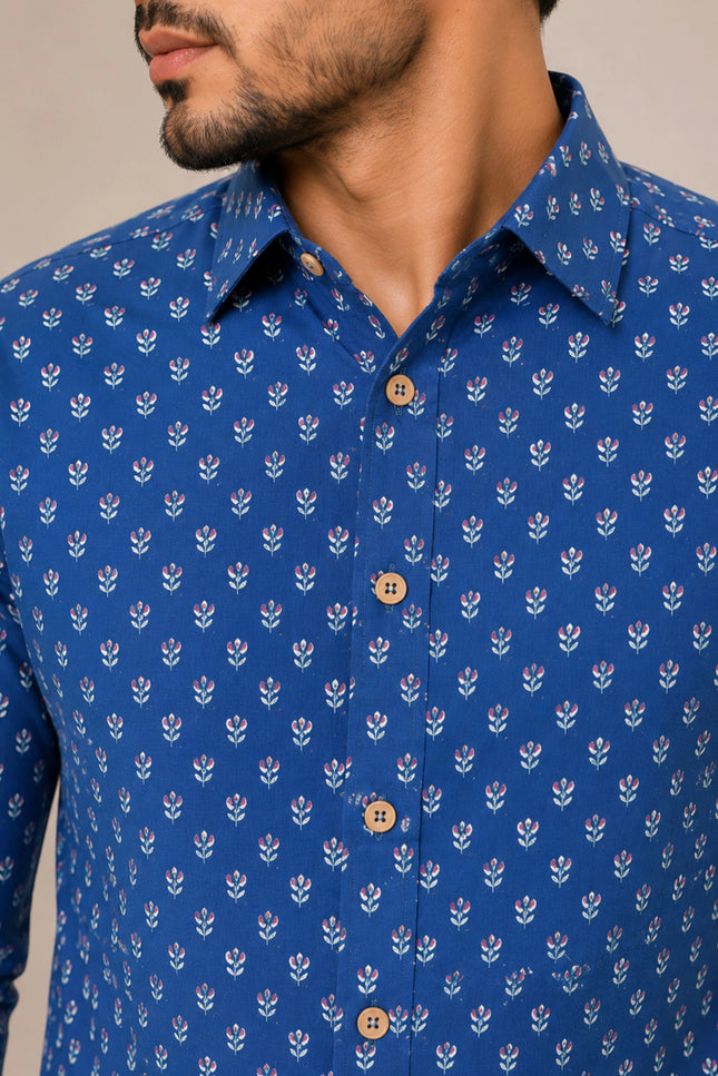 Men's Royal Blue Micro Motif Printed Casual Shirt with Full Sleeves