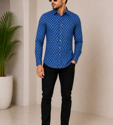 Men's Royal Blue Micro Motif Printed Casual Shirt with Full Sleeves
