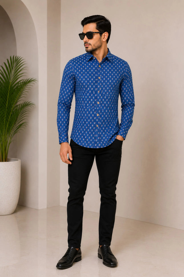 Men's Royal Blue Micro Motif Printed Casual Shirt with Full Sleeves