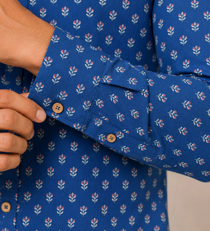 Men's Royal Blue Micro Motif Printed Casual Shirt with Full Sleeves