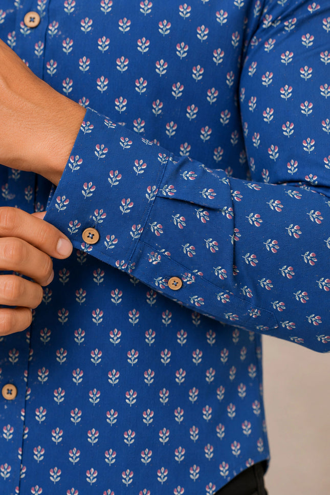 Men's Royal Blue Micro Motif Printed Casual Shirt with Full Sleeves