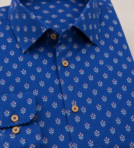Men's Royal Blue Micro Motif Printed Casual Shirt with Full Sleeves