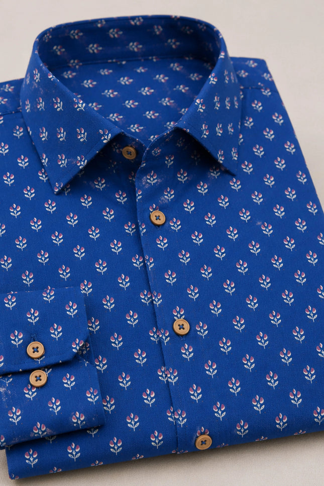 Men's Royal Blue Micro Motif Printed Casual Shirt with Full Sleeves