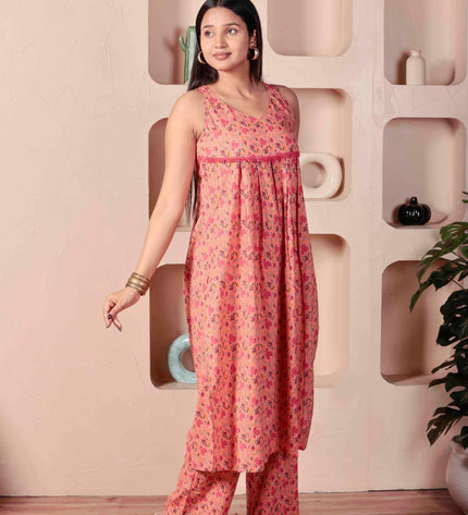 Pink Cotton Kurta Pant Set For Women