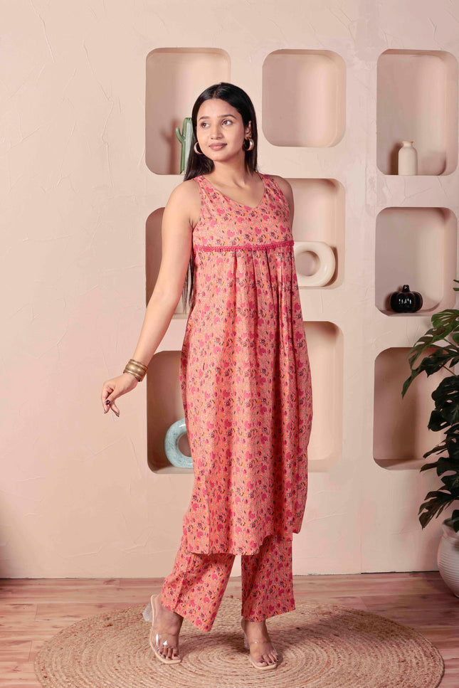 Pink Cotton Kurta Pant Set For Women