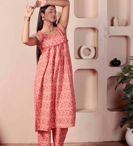 Pink Cotton Kurta Pant Set For Women