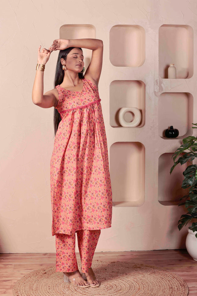 Pink Cotton Kurta Pant Set For Women