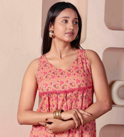 Pink Cotton Kurta Pant Set For Women