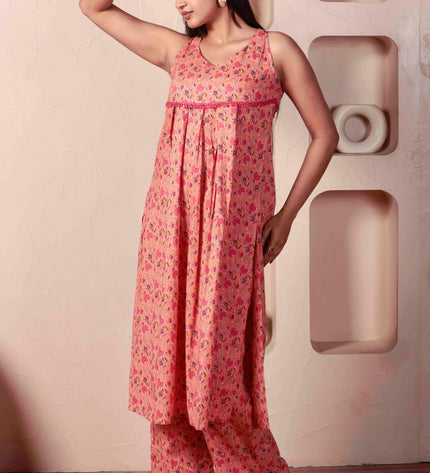 Pink Cotton Kurta Pant Set For Women