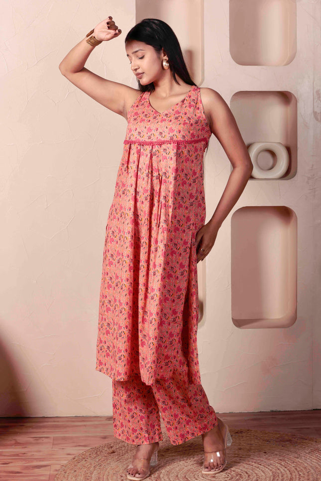 Pink Cotton Kurta Pant Set For Women