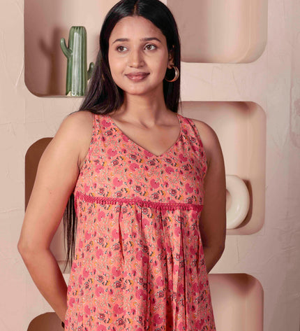Pink Cotton Kurta Pant Set For Women