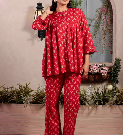 Red Cotton Co-ord Set For Women