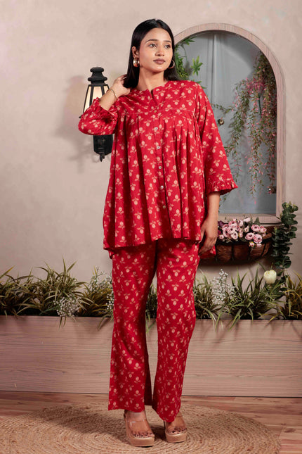 Red Cotton Co-ord Set For Women