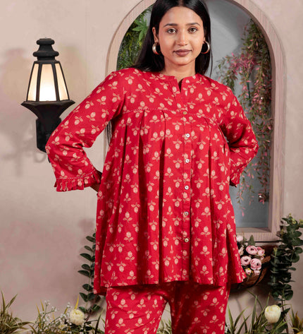Red Cotton Co-ord Set For Women