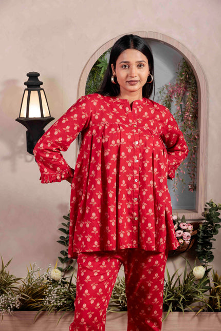Red Cotton Co-ord Set For Women