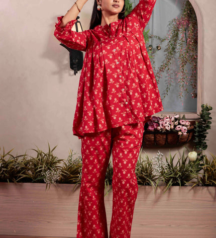 Red Cotton Co-ord Set For Women