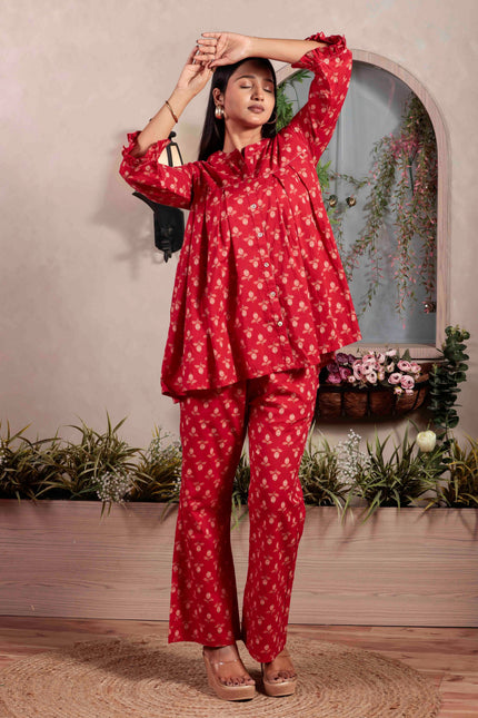 Red Cotton Co-ord Set For Women