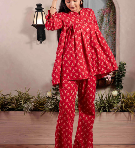 Red Cotton Co-ord Set For Women