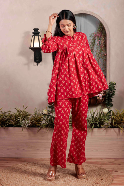 Red Cotton Co-ord Set For Women