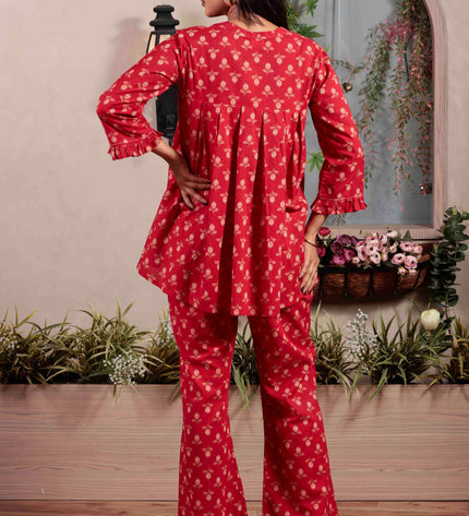 Red Cotton Co-ord Set For Women