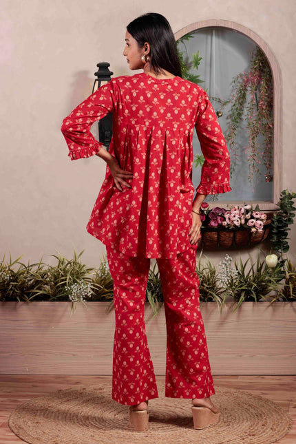 Red Cotton Co-ord Set For Women