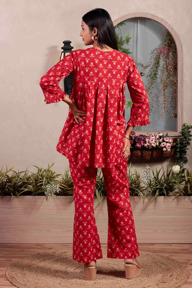 Red Cotton Co-ord Set For Women
