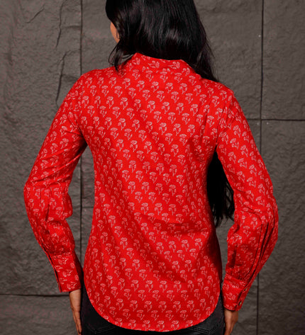 Red Floral Printed Cotton Shirt with Balloon Sleeves