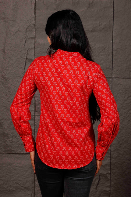 Red Floral Printed Cotton Shirt with Balloon Sleeves