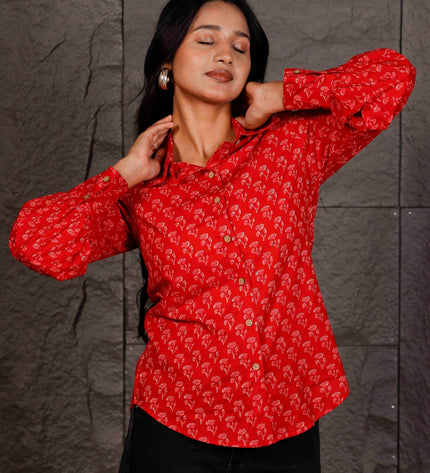 Red Floral Printed Cotton Shirt with Balloon Sleeves