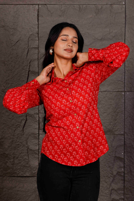 Red Floral Printed Cotton Shirt with Balloon Sleeves