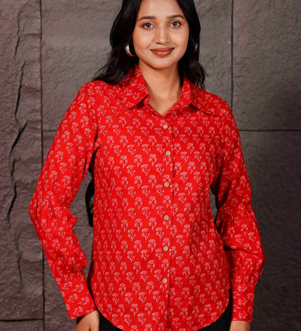 Red Floral Printed Cotton Shirt with Balloon Sleeves