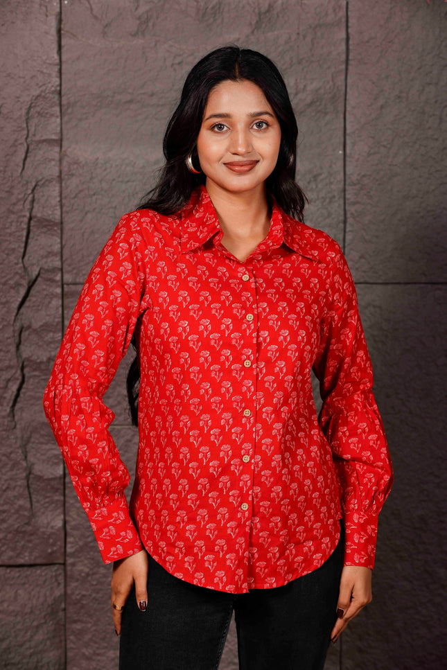Red Floral Printed Cotton Shirt with Balloon Sleeves