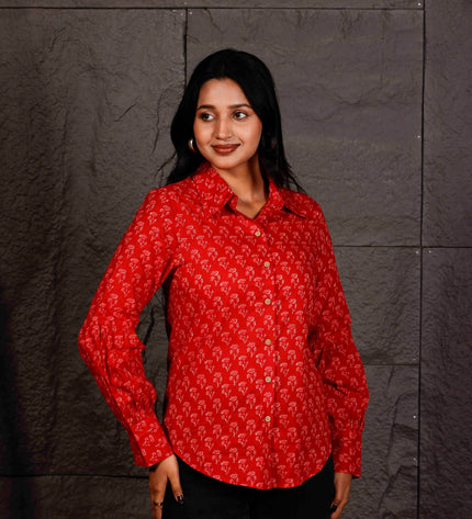 Red Floral Printed Cotton Shirt with Balloon Sleeves