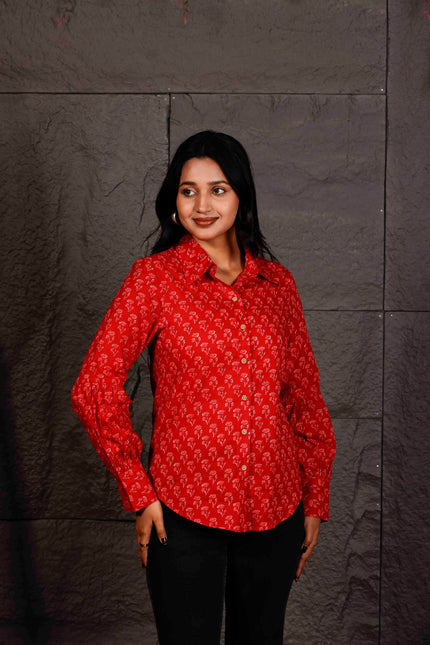 Red Floral Printed Cotton Shirt with Balloon Sleeves