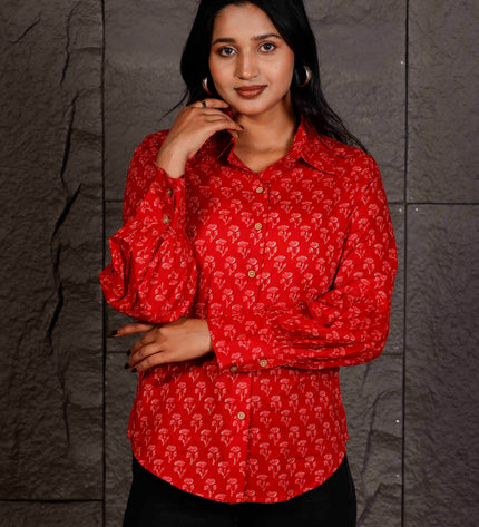Red Floral Printed Cotton Shirt with Balloon Sleeves