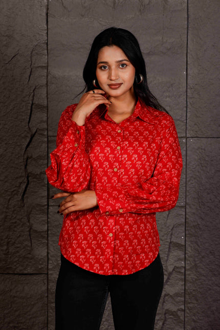 Red Floral Printed Cotton Shirt with Balloon Sleeves
