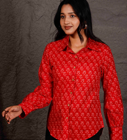 Red Floral Printed Cotton Shirt with Balloon Sleeves