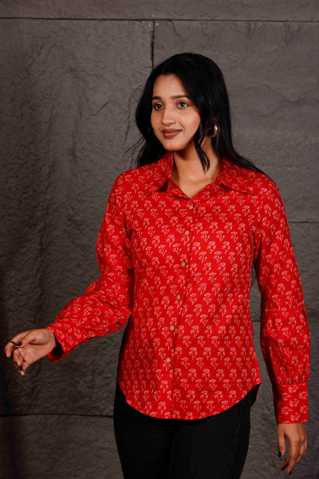 Red Floral Printed Cotton Shirt with Balloon Sleeves