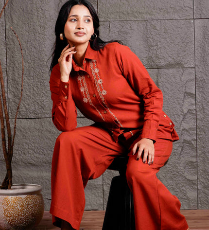 Rust Embroidered Flex Co-ord Set