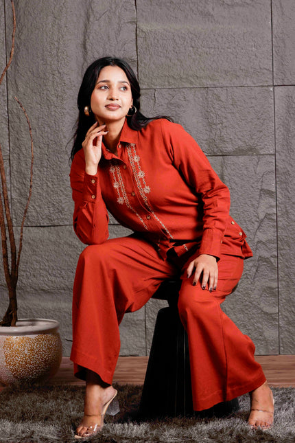 Rust Embroidered Flex Co-ord Set