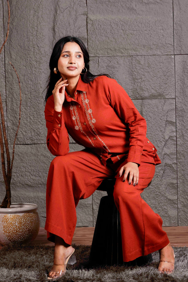 Rust Embroidered Flex Co-ord Set