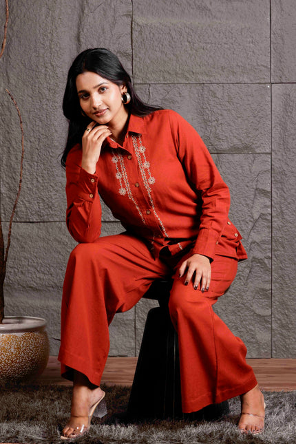 Rust Embroidered Flex Co-ord Set