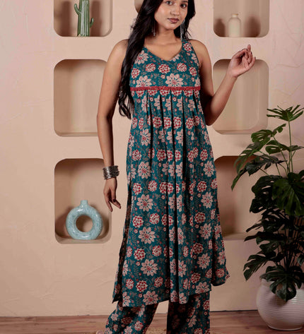 Teal Blue Cotton Kurta Pant Set For Women