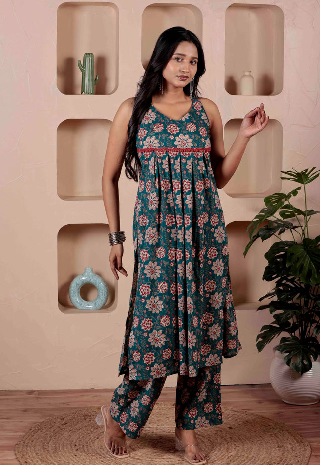 Teal Blue Cotton Kurta Pant Set For Women