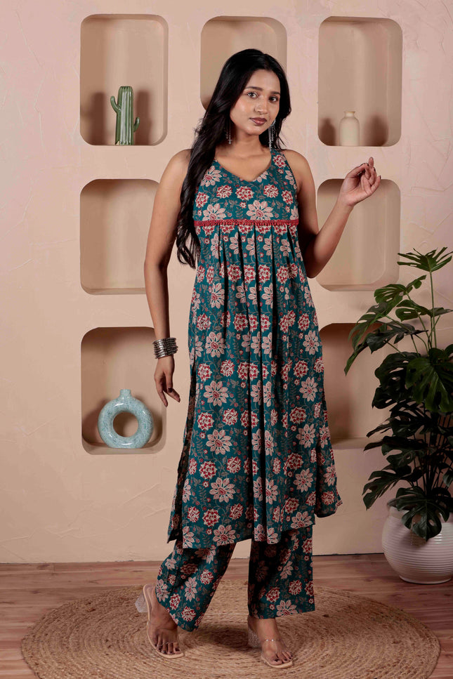 Teal Blue Cotton Kurta Pant Set For Women